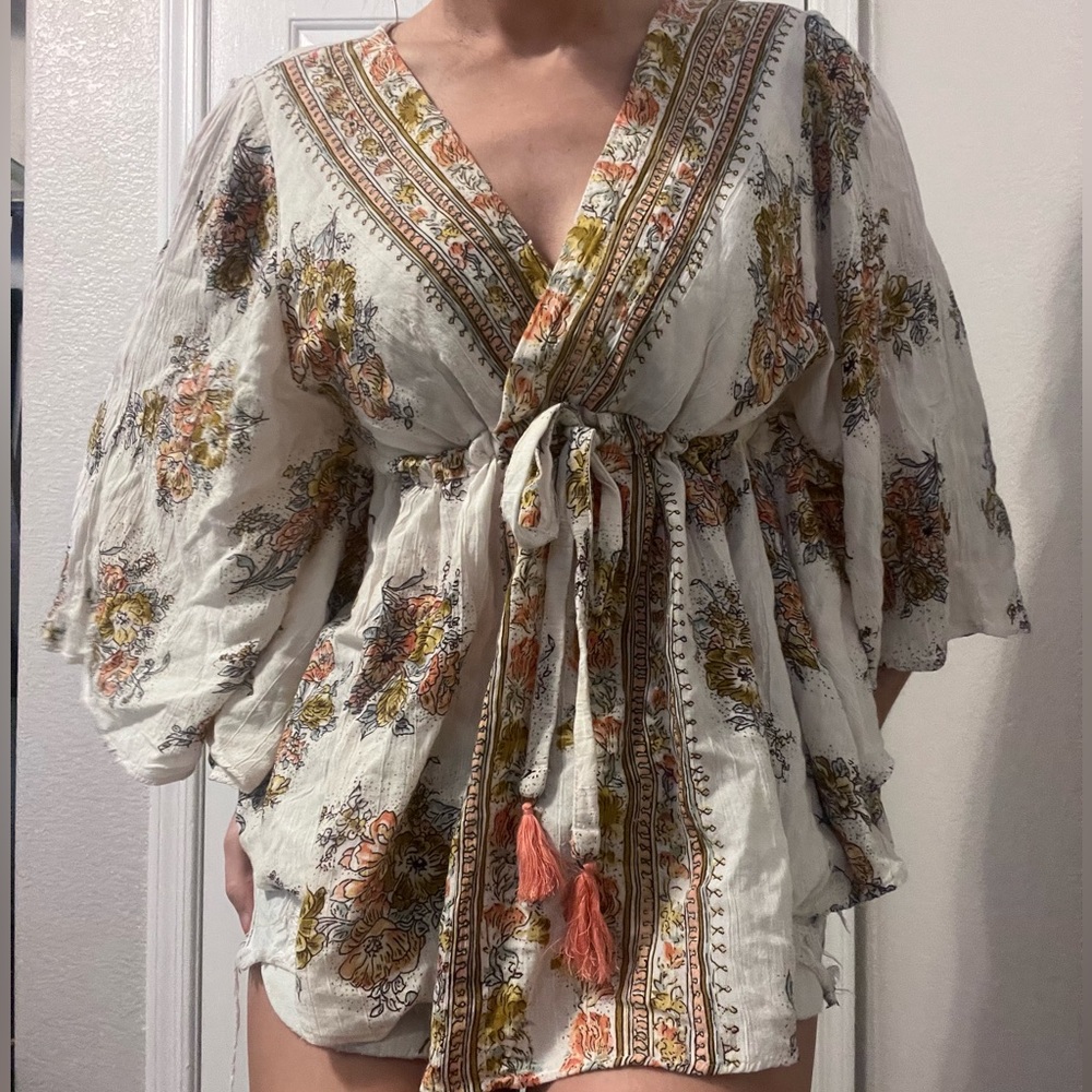 Angie V-Neck Flutter Sleeve Tie Front Top